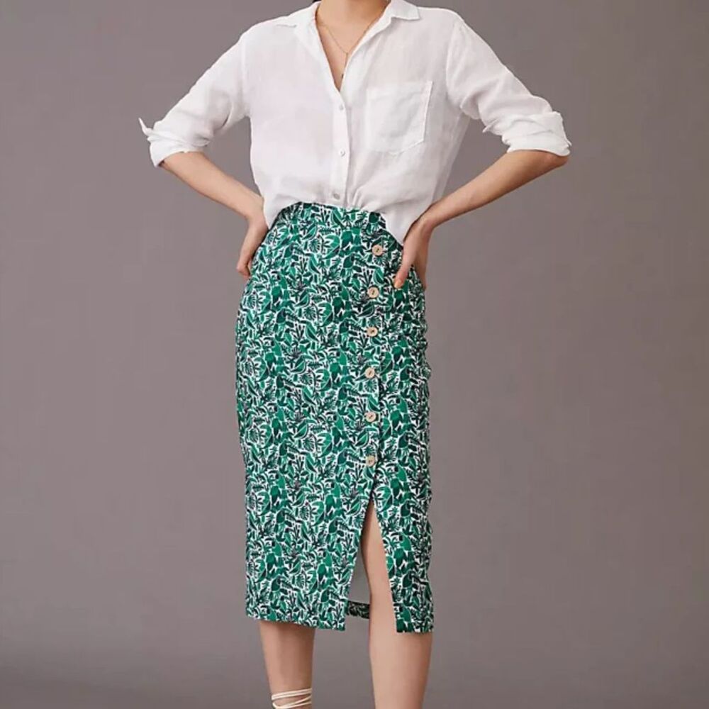 Hutch, Green Linen Toucan Button Slit Midi Pencil Skirt, 8 Summer Office Anthro